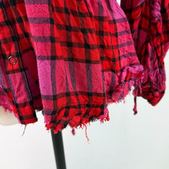 We the Free Free People | Pacific Dawn Red Pink Plaid Distressed Shirt | Sz S - Picture 7 of 12